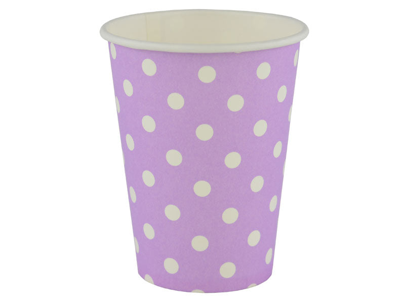 Partybecher lila mit weißen Punkten Pappbecher