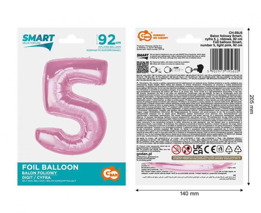 Nummer Light Pink Rosa Nummer 5 Folienballon 92 cm