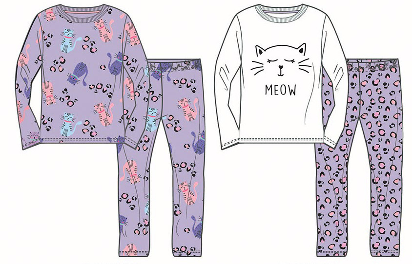Katze Meow Kinder langer Schlafanzug 5-12 Jahre