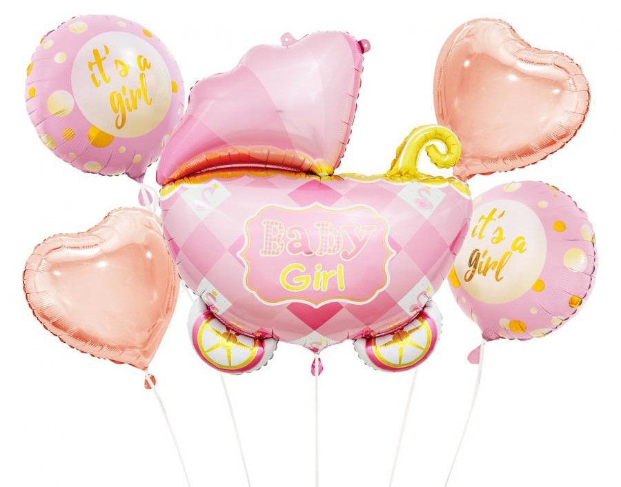 Geburtstag Carriage Pink Rosa Kinderwagen Folienballon 5er Set