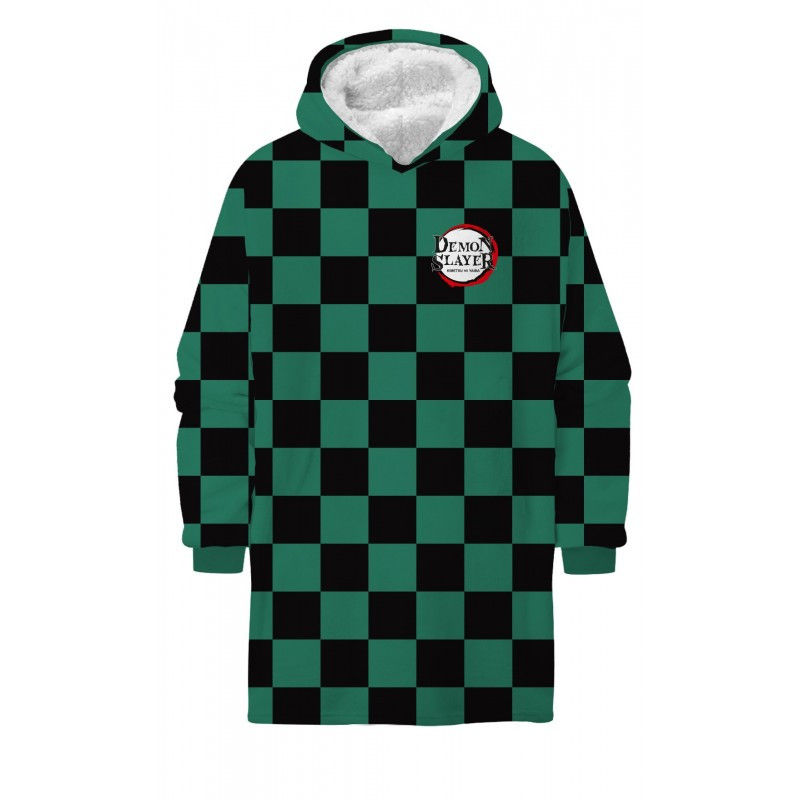 Demon Slayer Green tragbare gefütterte Sherpa-Fleecedecke, Poncho