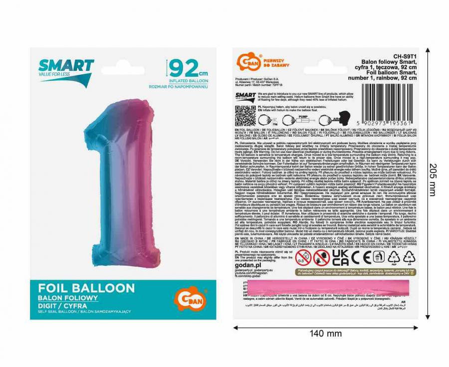 Nummer Rainbow Bunte Zahl 1 Folienballon 92 cm