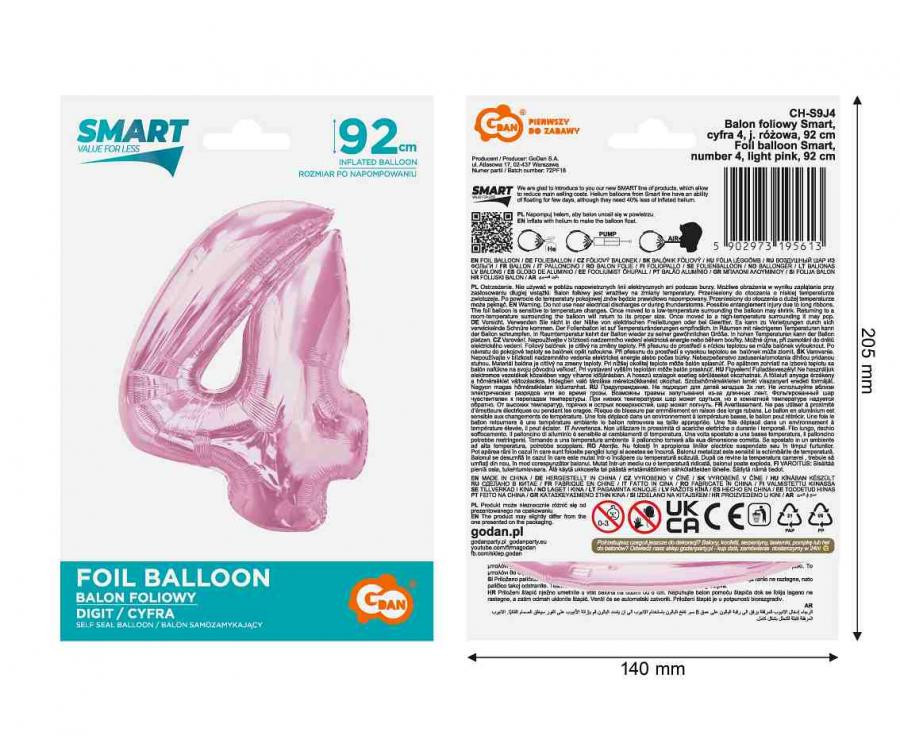 Nummer Light Pink Rosa Nummer 4 Folienballon 92 cm