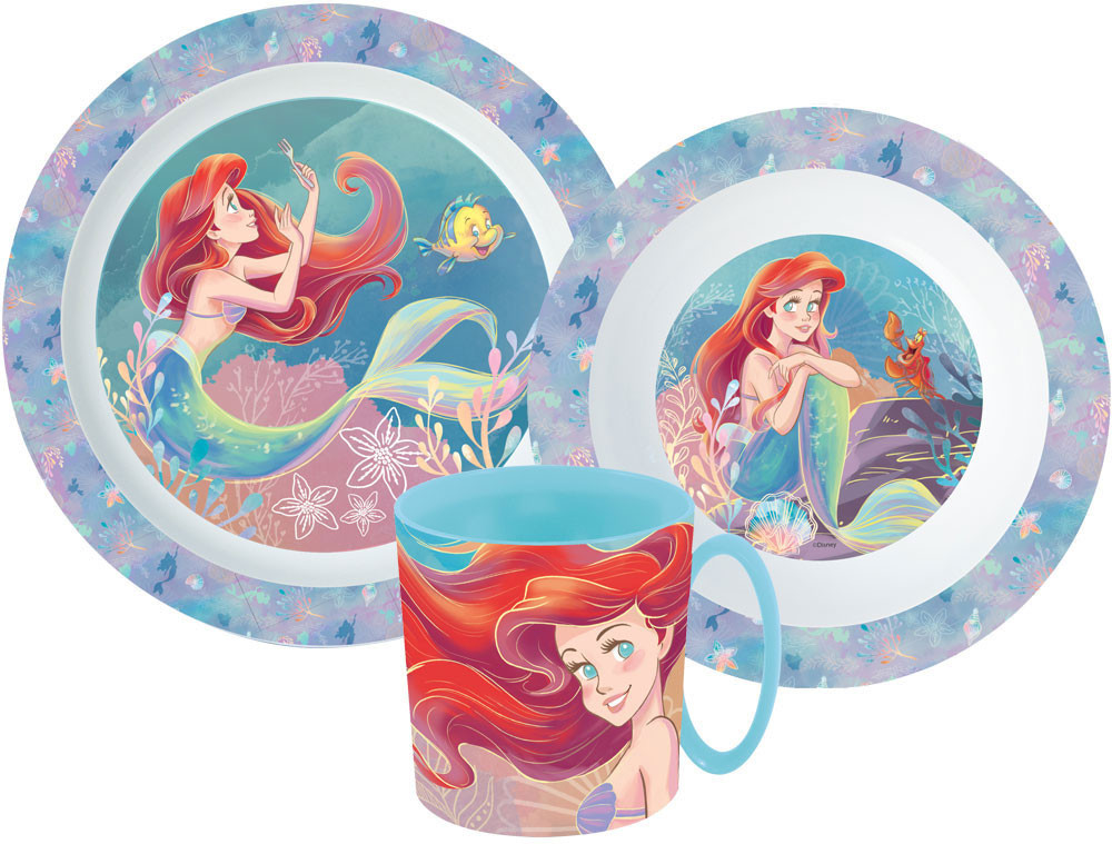 Disney Prinzessin Ariel Geschirrset, Microplastik-Set mit 350 ml Becher