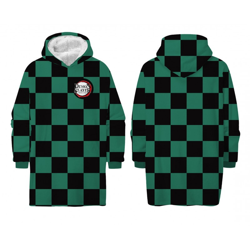 Demon Slayer Green tragbare gefütterte Sherpa-Fleecedecke, Poncho