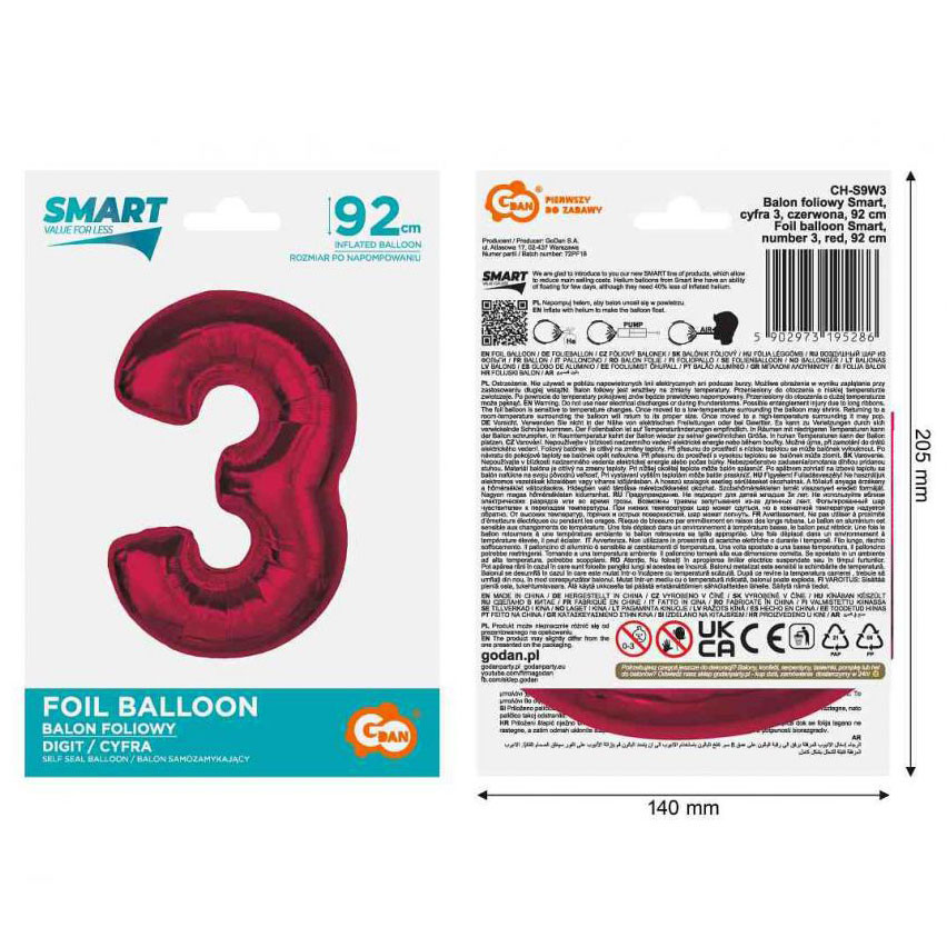 Nummer Red Rote Nummer 3 Folienballon 92 cm