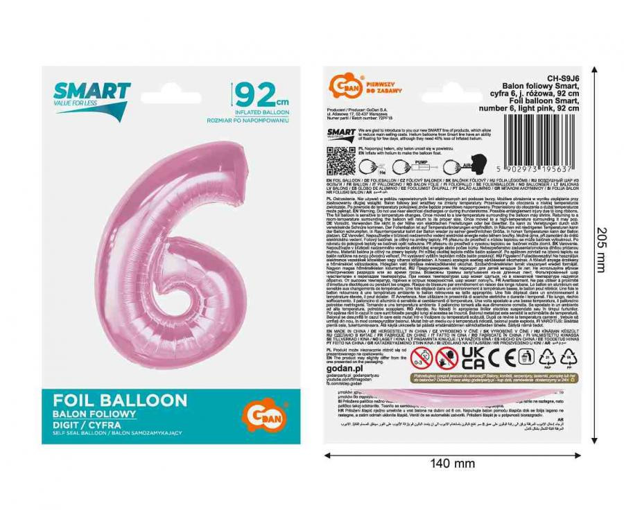 Nummer Light Pink Rosa Zahlenluftballon Nr. 6 aus Folie, 92 cm