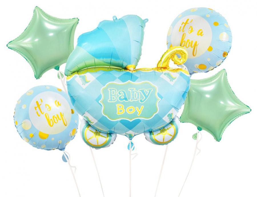 Geburtstag Carriage Blue Blauer Kinderwagen Folienballon 5er-Set