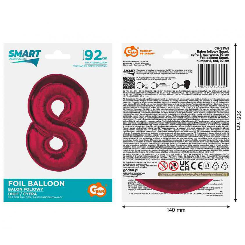 Nummer Red Rote Zahlen 8 Folienballon 92 cm