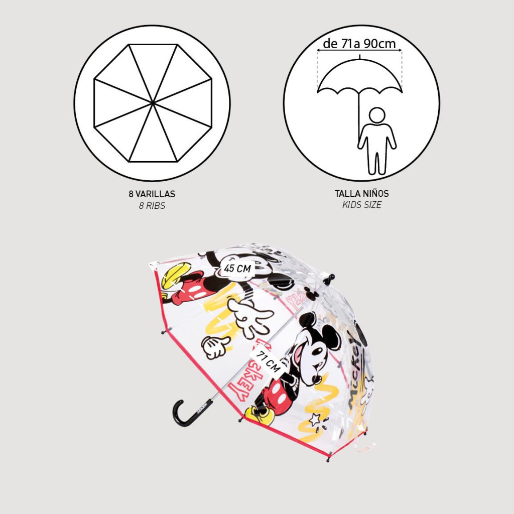 Disney Mickey  Kinder transparenter Regenschirm Ø71 cm