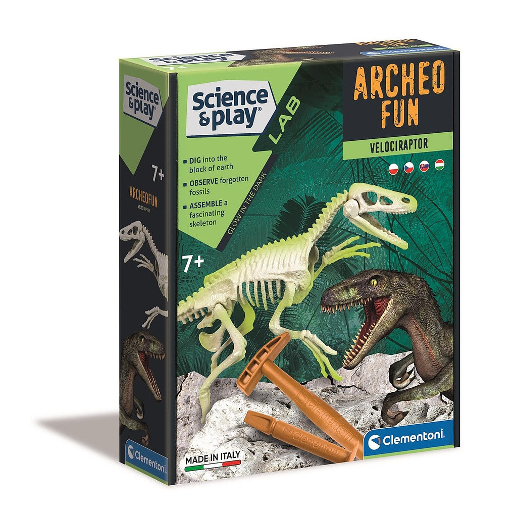 Dinosaurier Archeo Fun Leuchtendes Velociraptor Ausgrabungsset Clementoni