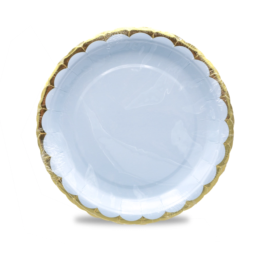 Pappteller, Hellblaue mit Goldrand, 6er Pack, Ø 18cm
