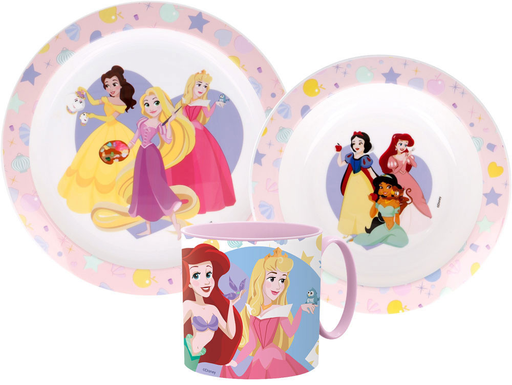 Disney Prinzessin True Geschirrset, mikrowellengeeignetes Plastikset mit 265 ml Becher