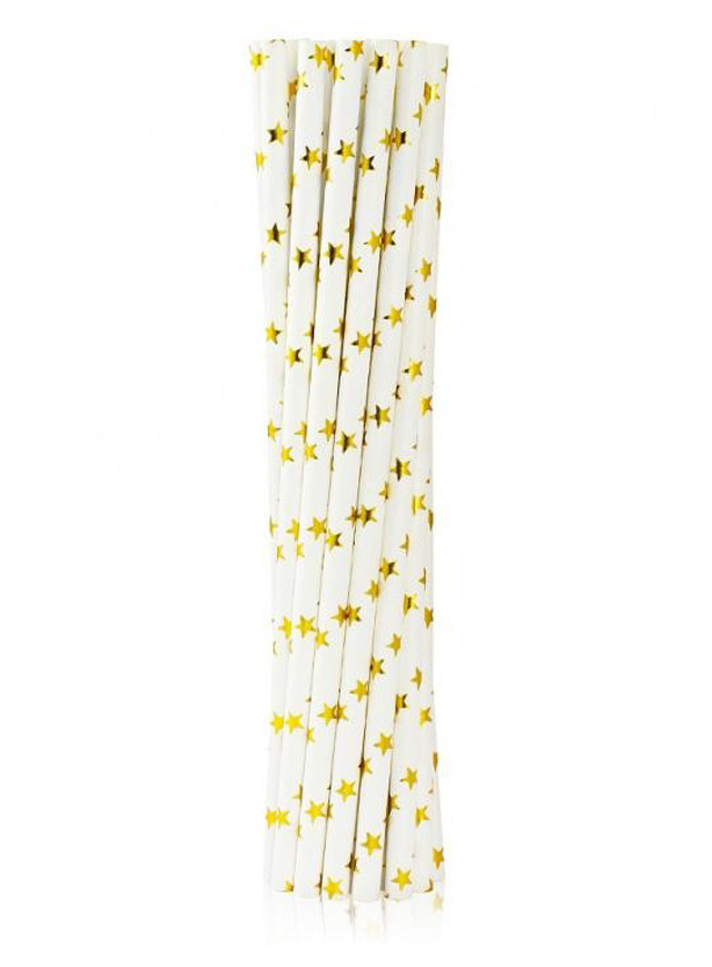 Farbe Gold Stars Gold Papie Trinkhalme - 12er Pack