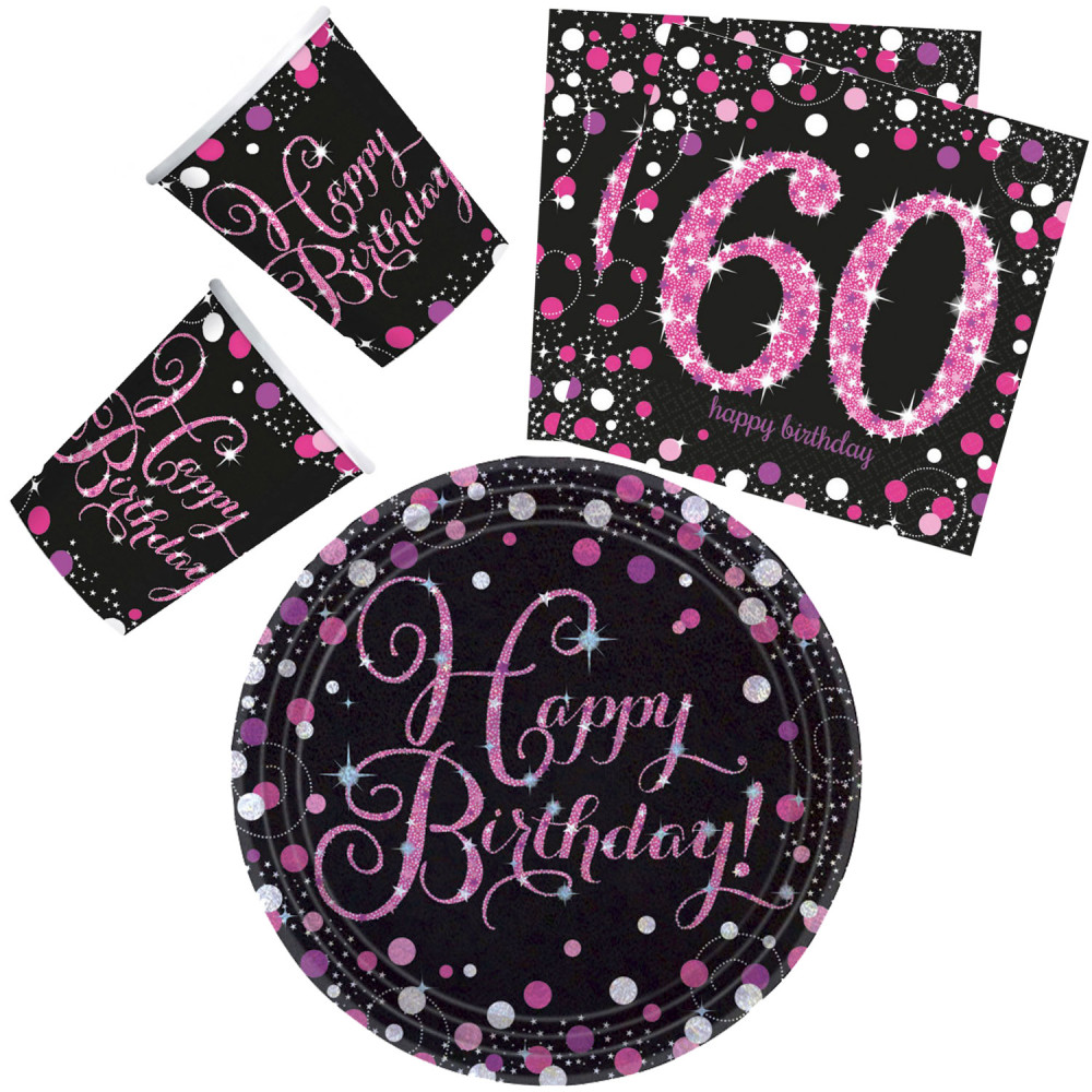 Geburtstag Happy Birthday Pink 60 Party-Set, 32 Stück mit 23 cm Tellern