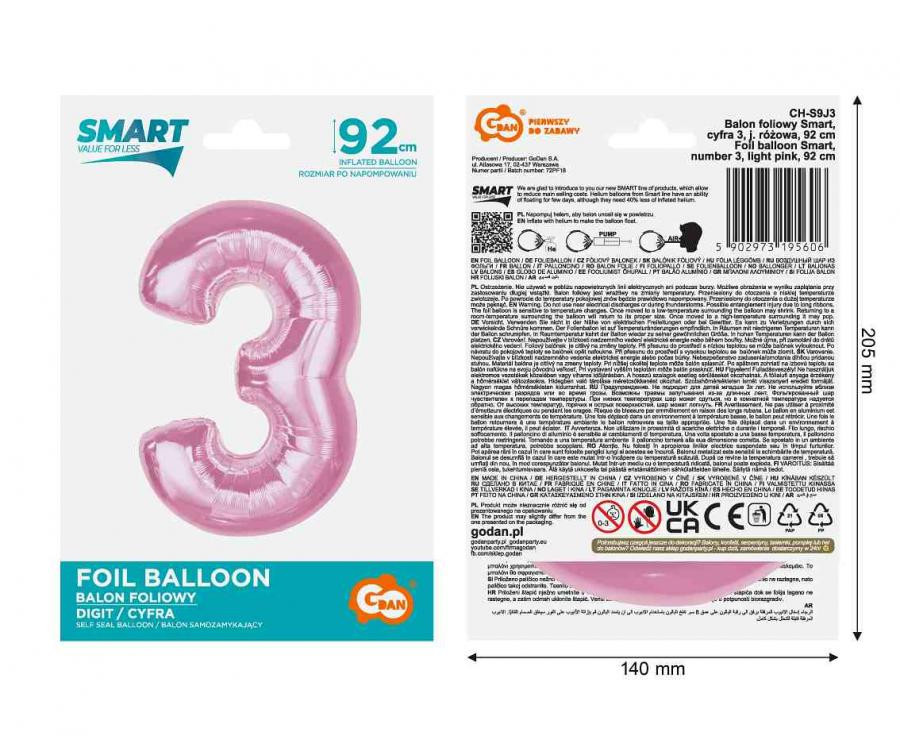 Nummer Light Pink Rosa Nummer 3 Folienballon 92 cm