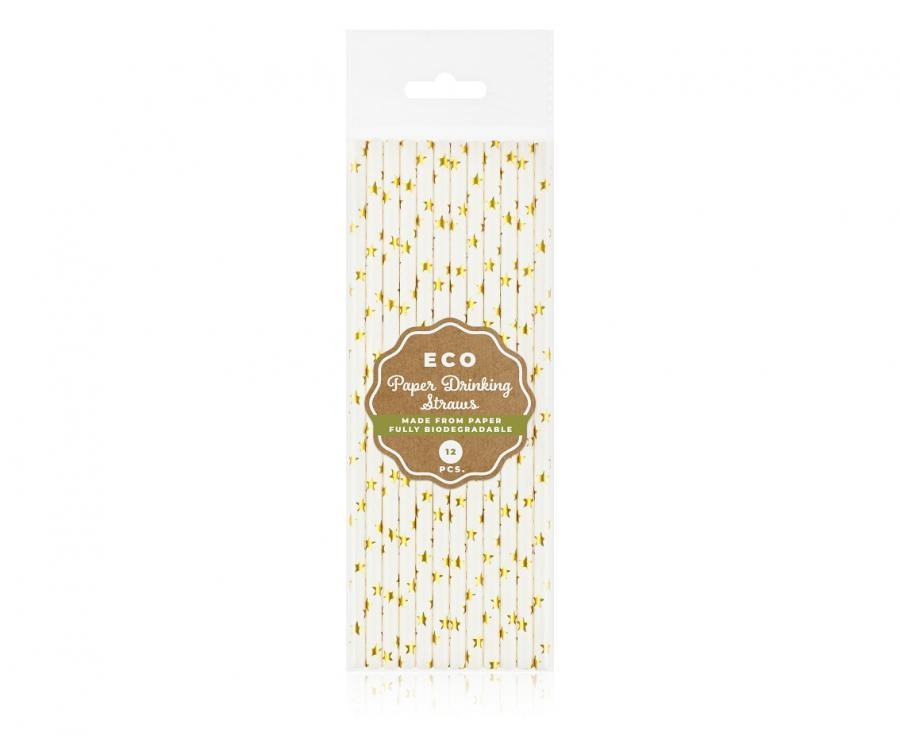 Farbe Gold Stars Gold Papie Trinkhalme - 12er Pack