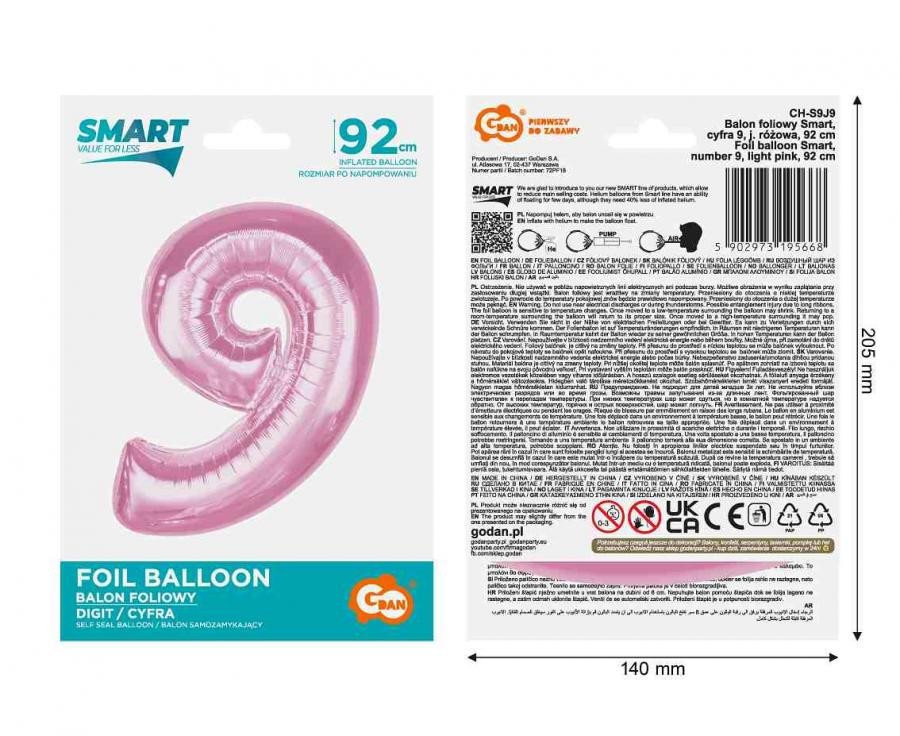 Nummer Light Pink Rosa Nummer 9 Folienballon 92 cm