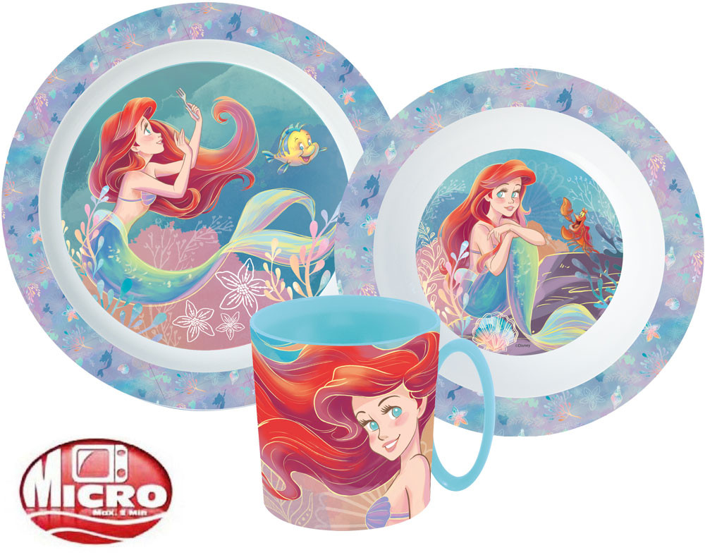 Disney Prinzessin Ariel Geschirrset, Microplastik-Set mit 350 ml Becher