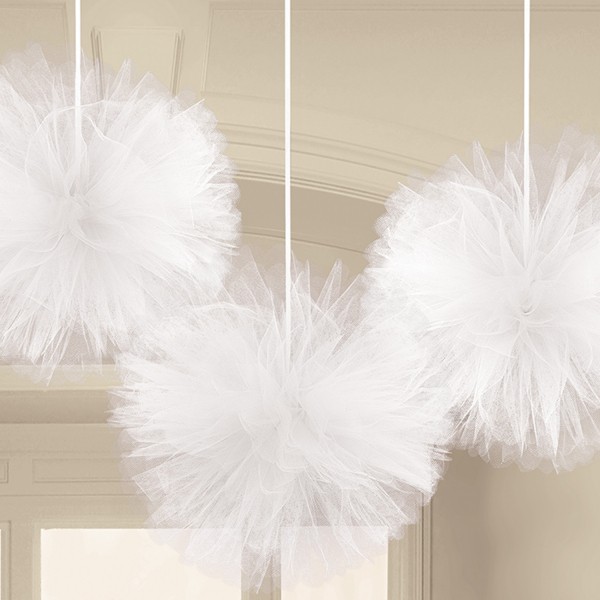 Farbe Hängende Tüll-Pompon-Dekoration Weiß 3er-Set