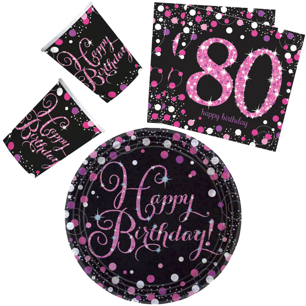 Geburtstag Happy Birthday Pink 80 Party-Set mit 32 Stück und 23 cm Tellern