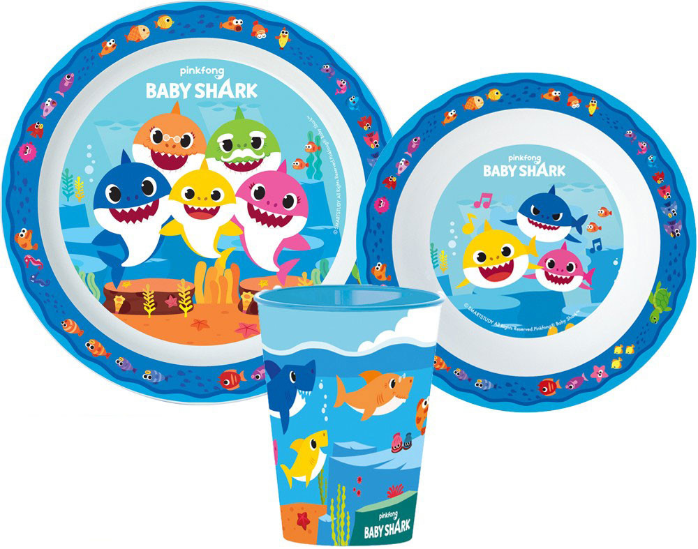 Baby Shark Geschirrset, Mikrokunststoff-Set, mit 260 ml Becher