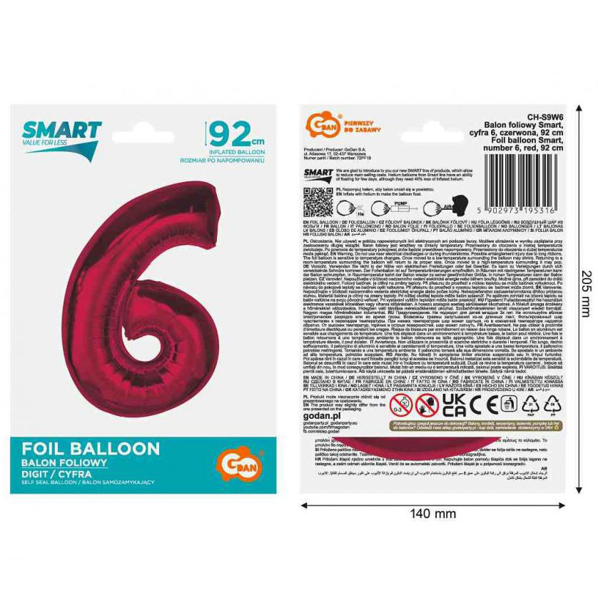 Nummer Red Rote Zahl 6 Folienballon 92 cm