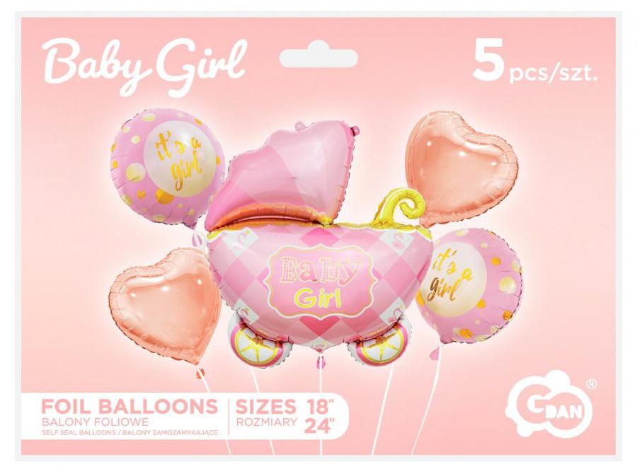 Geburtstag Carriage Pink Rosa Kinderwagen Folienballon 5er Set