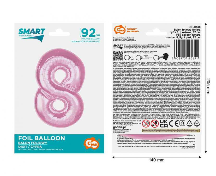 Nummer Light Pink Hellrosa Nummer 8 Folienballon 92 cm