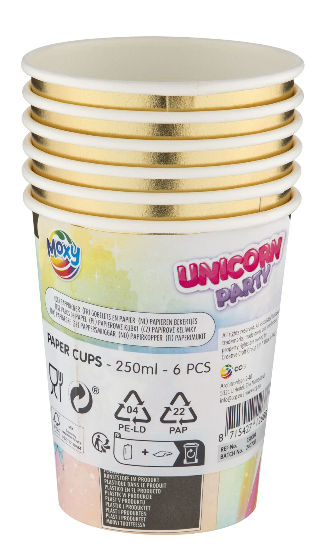 Einhorn Rainbow Pappbecher, 6 Stück, 250 ml