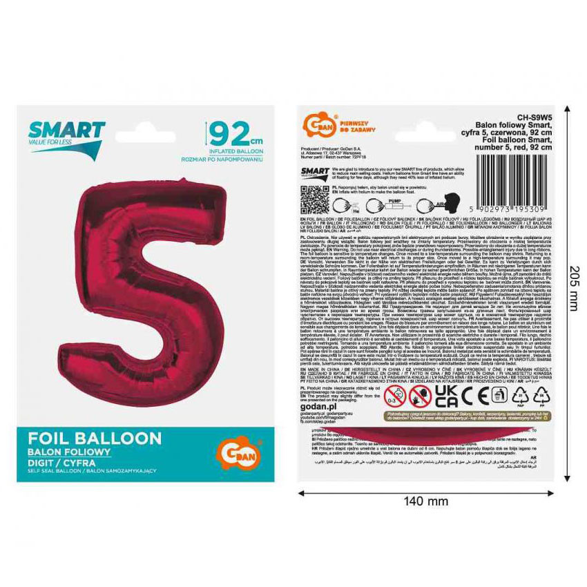 Nummer Red Rote Nummer 5 Folienballon 92 cm