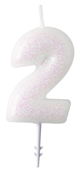 Farbe Weiße, weiße Glitzerkerze Nummer 2, 6,5 cm