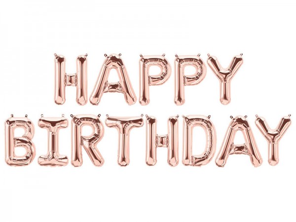 Happy Birthday Schriftzug aus rosegoldenen Folienballons
